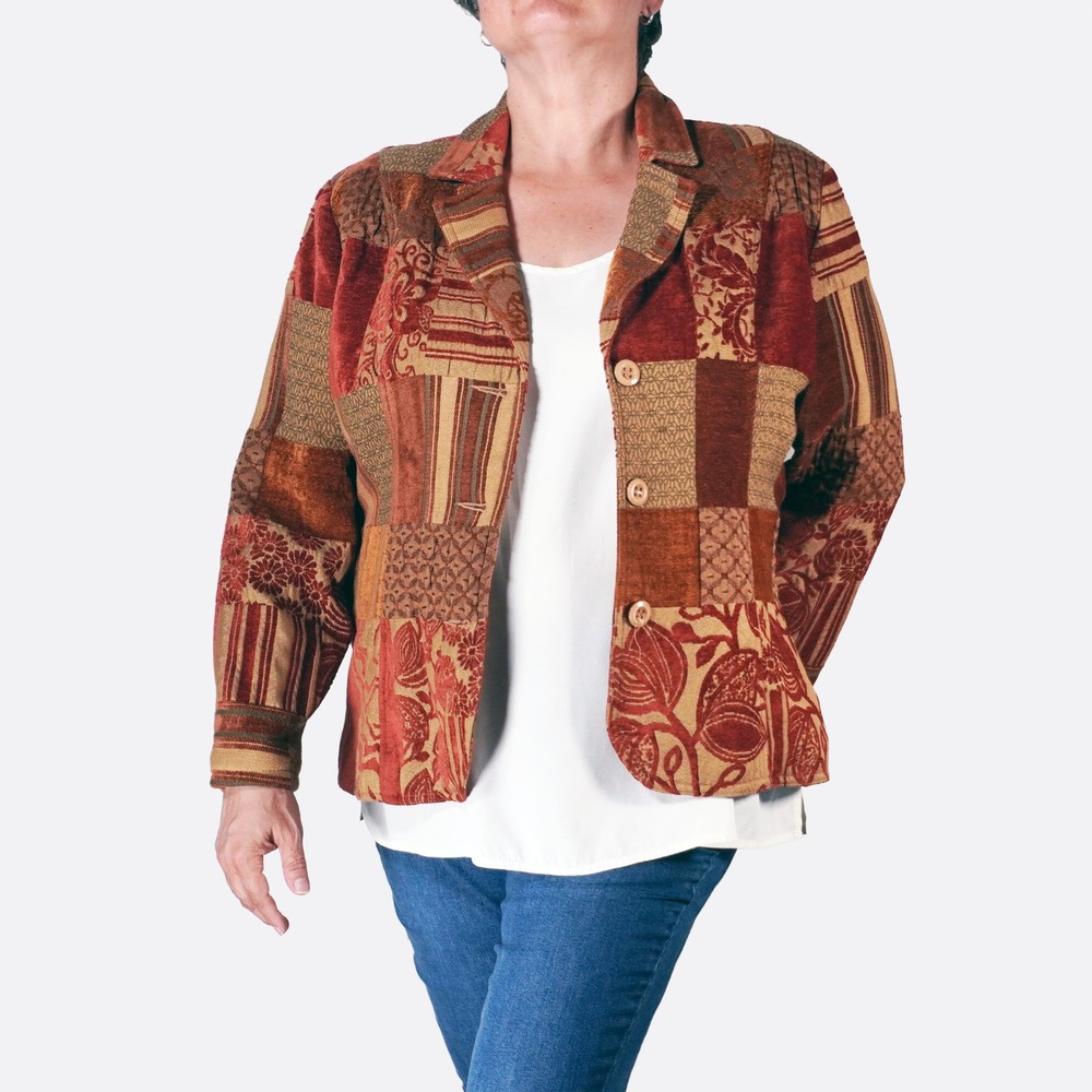 Patchwork Tapestry Chenille Blazer XL fits 2X Terracotta Boho Petite Friendly